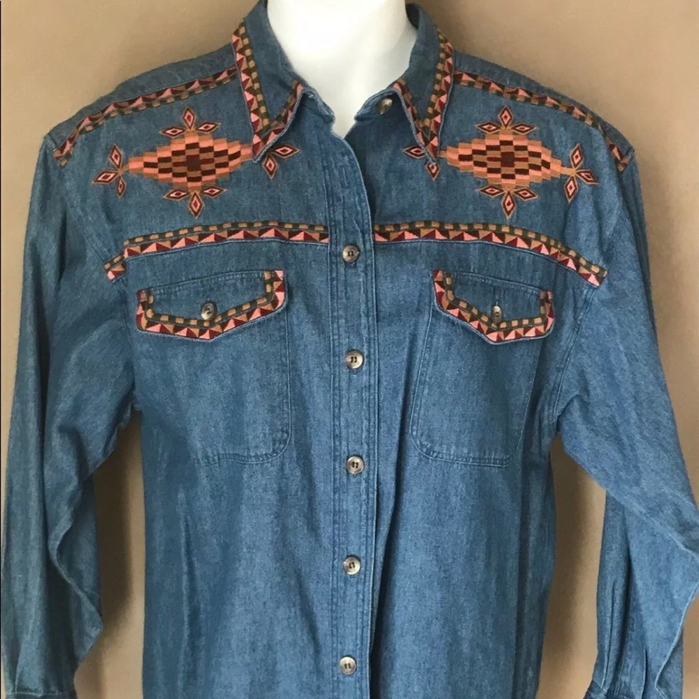 Denim Embroidered Button Down Top Large